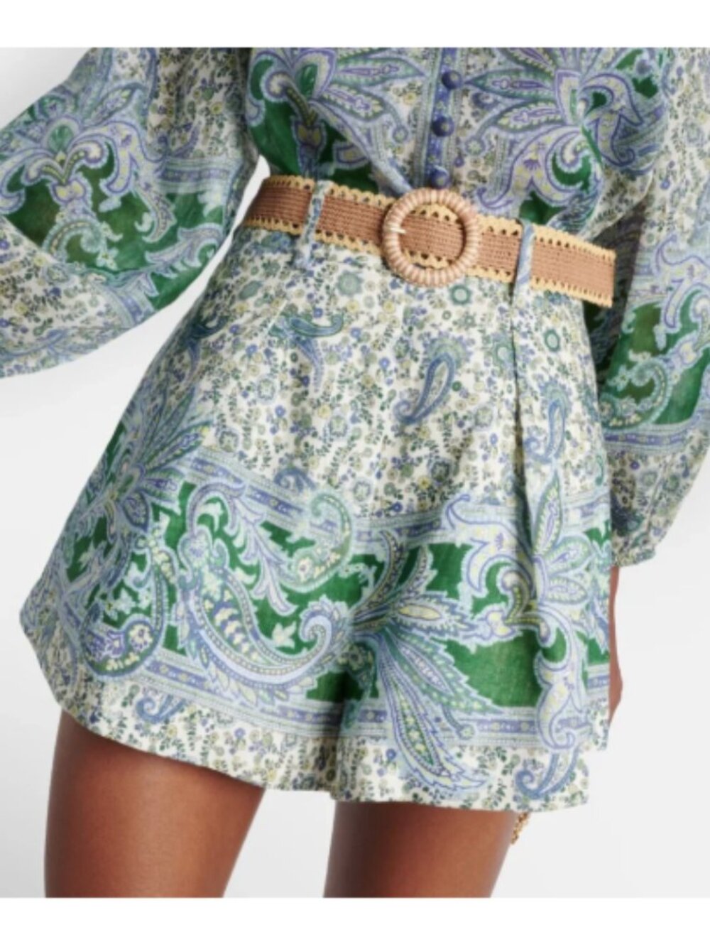Zimmermann Ottie Green Blue Paisley Linen Pleated Belted Shorts 1/US S